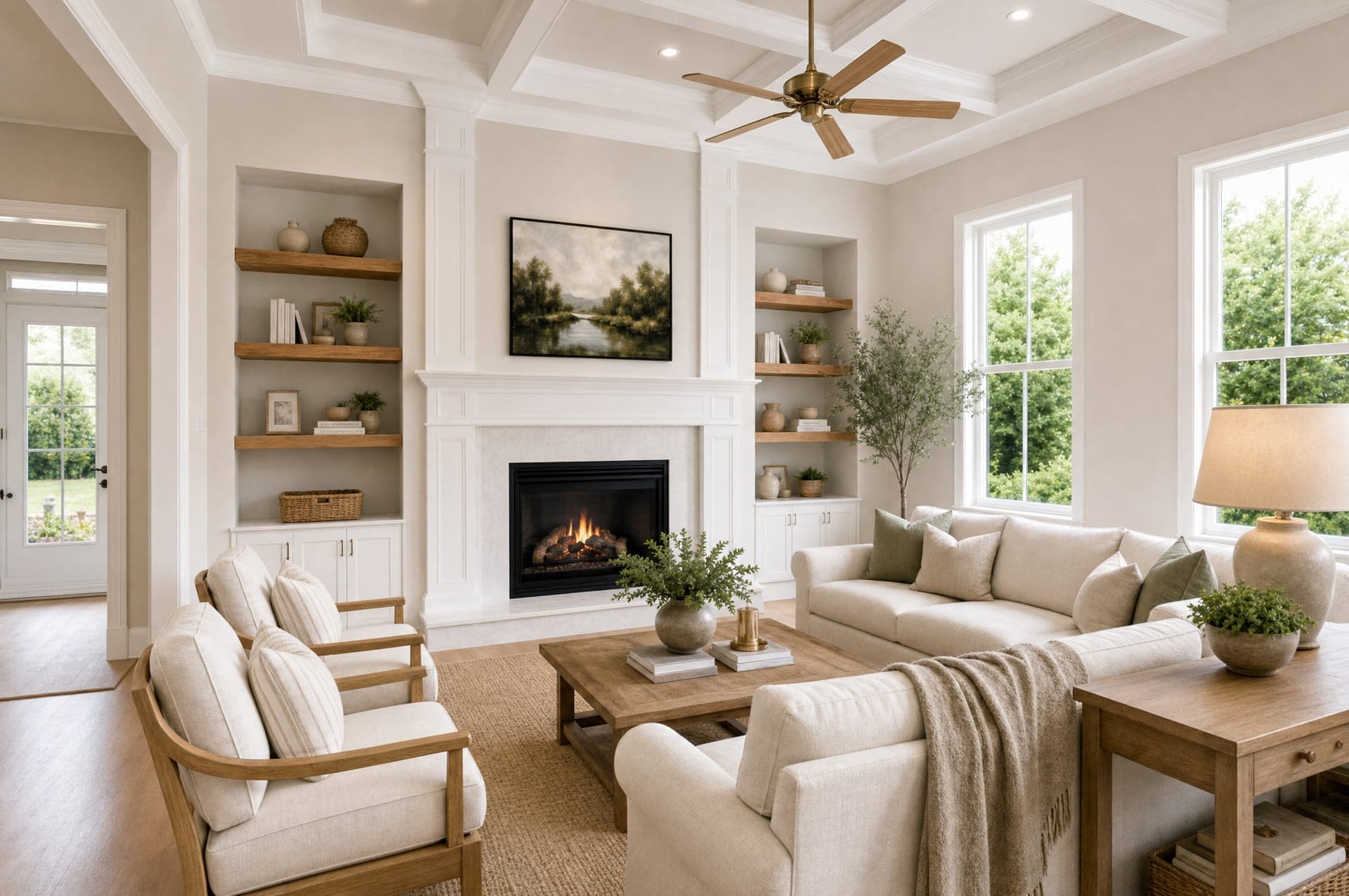 Rendering of the Cambridge living room, coffered ceiling and fireplace wall with built-ins, artist's concept