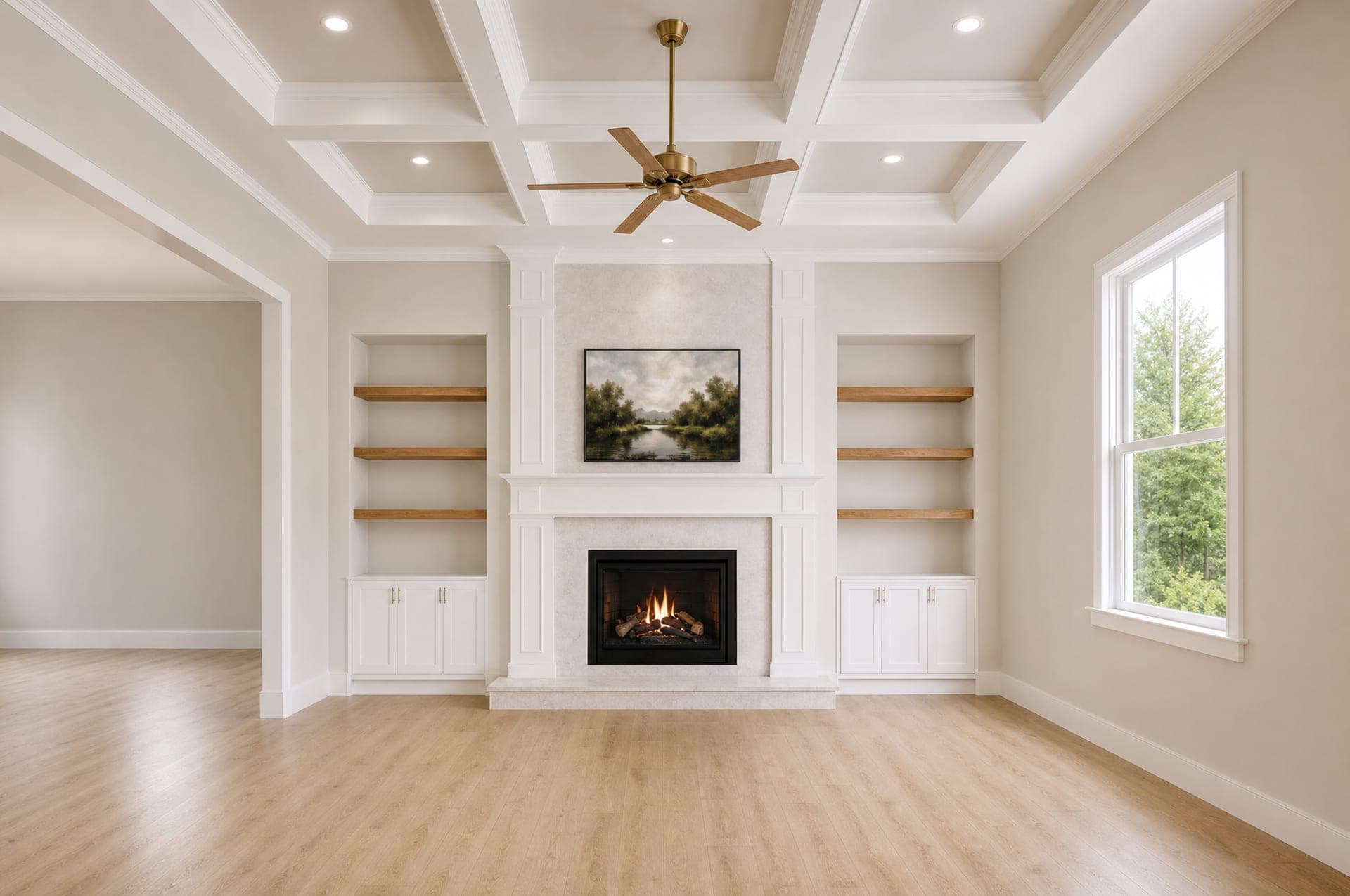 Rendering of the Cambridge living room before furniture, coffered ceiling and fireplace feature wall with built-ins, artist's concept