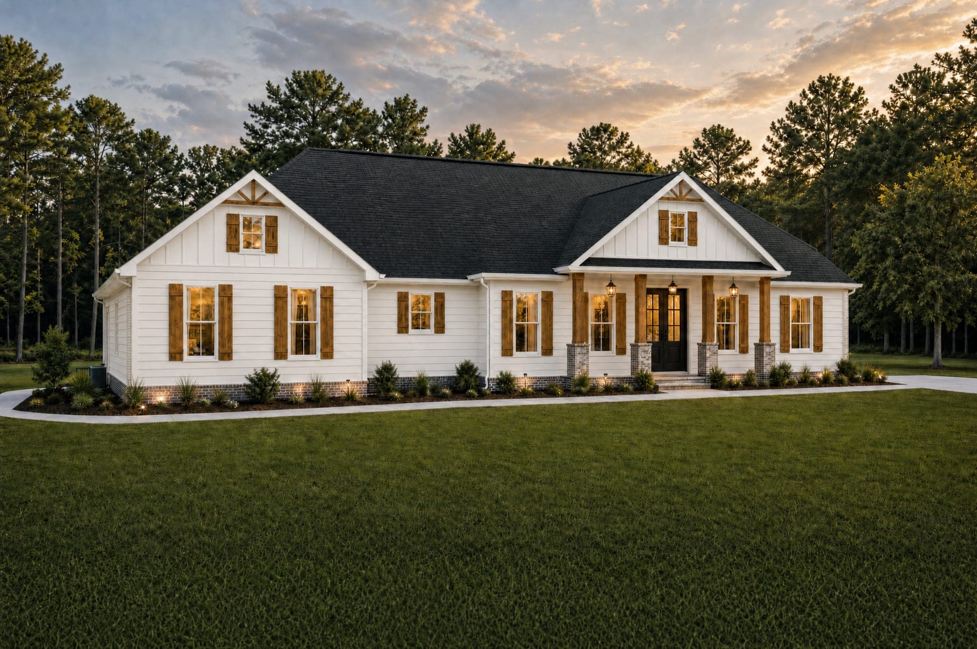 Rendering of the Cambridge with white lap siding, board-and-batten gables and a brick base at dusk