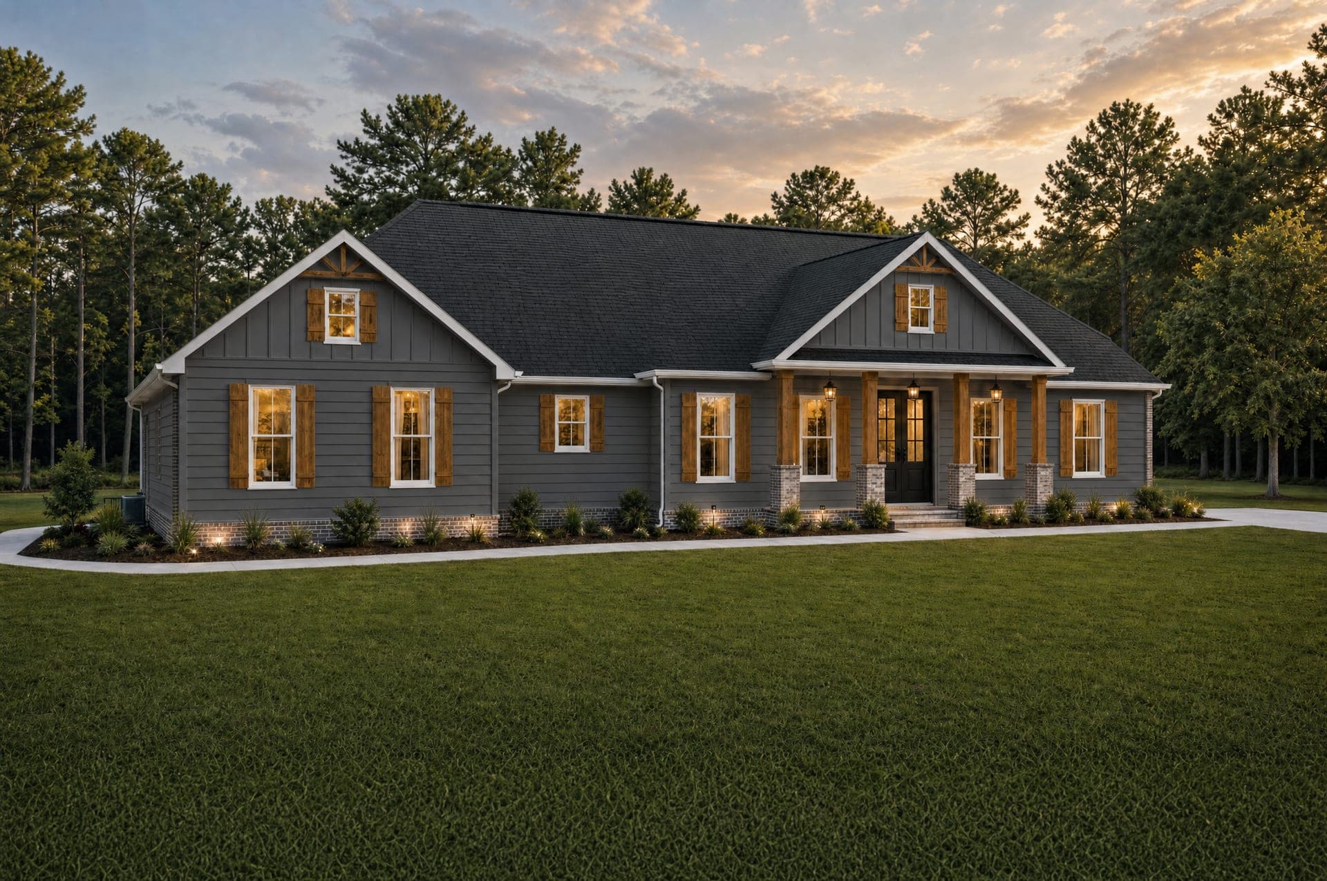 Rendering of the Cambridge with charcoal siding and white trim