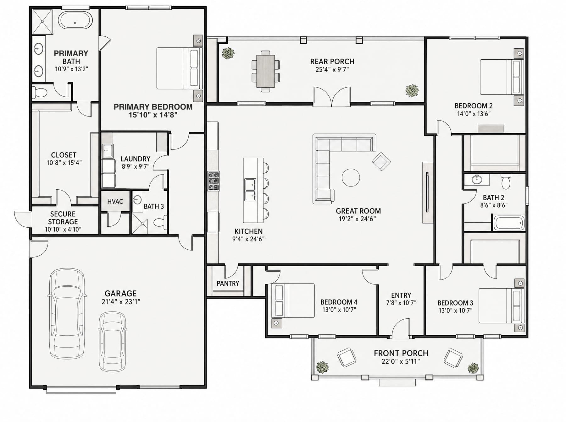 Floor plan diagram of the Cambridge, a 2,698 square foot four-bedroom farmhouse layout with a coffered great room and owner's suite.