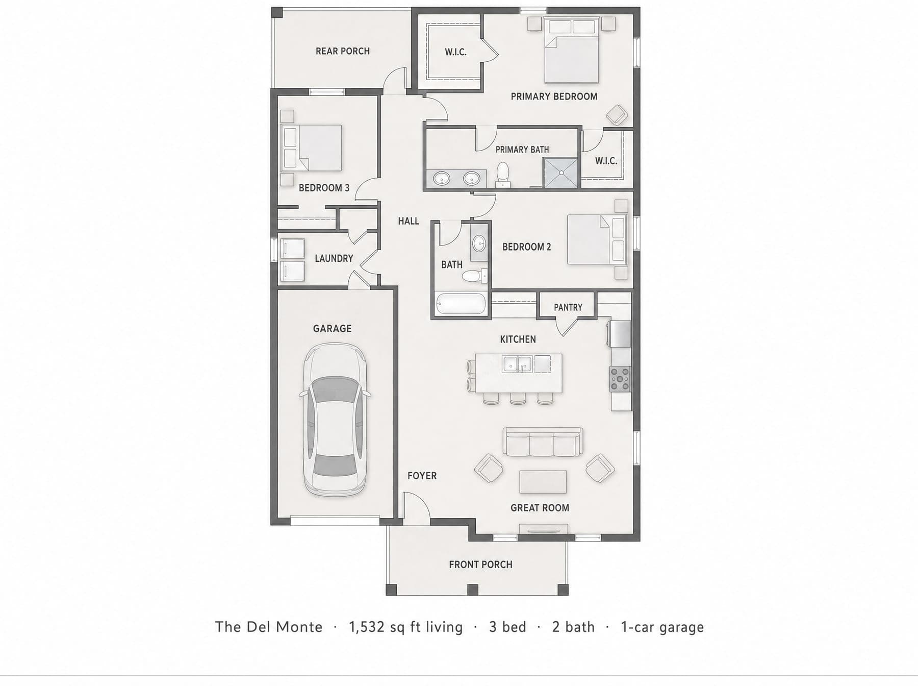 Marketing floor plan of The Del Monte, a 1,532 square foot three-bedroom layout with an open great room and kitchen and a primary suite at the back