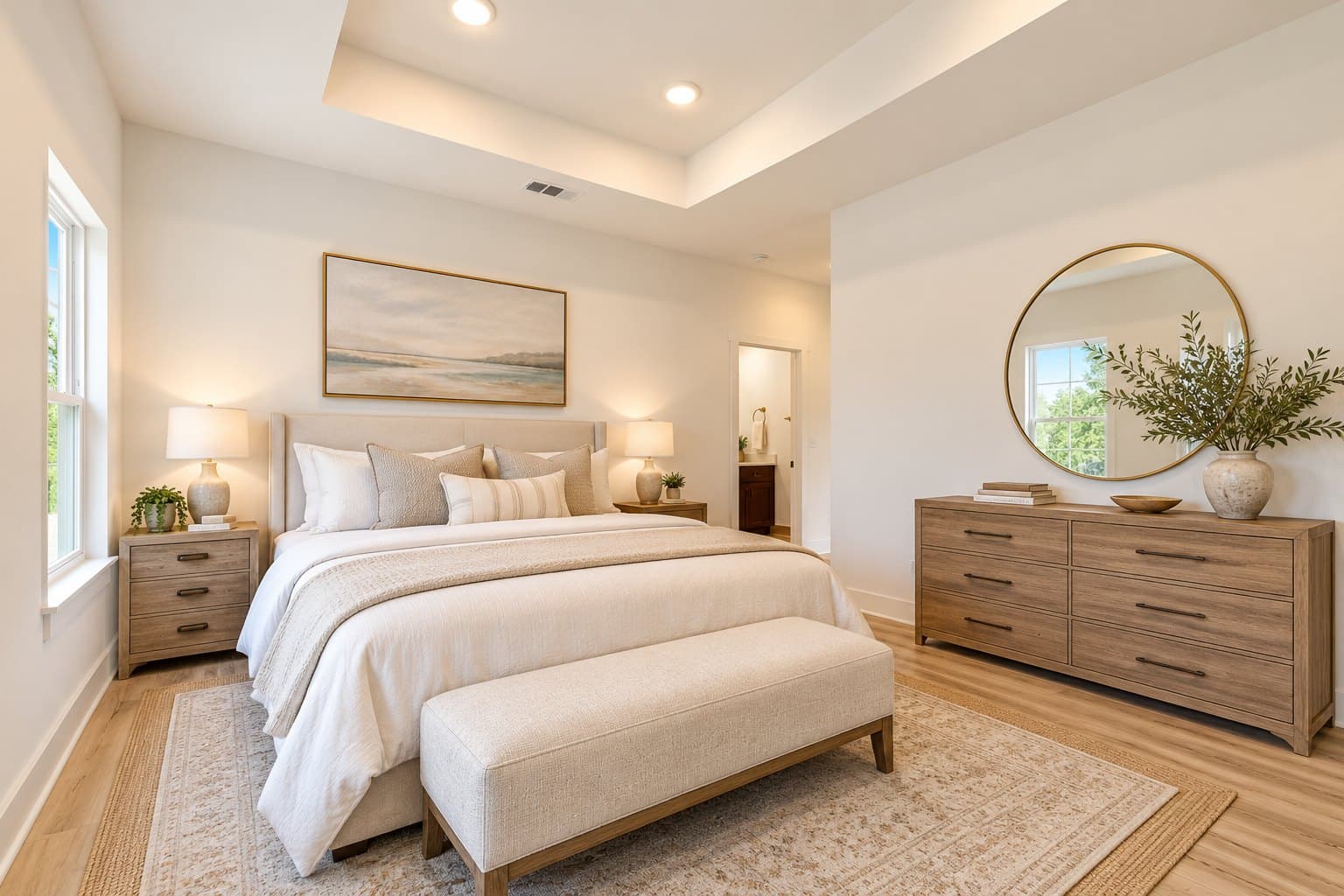 A Del Monte bedroom under a tray ceiling with a window on the side wall and plank floors, virtually staged