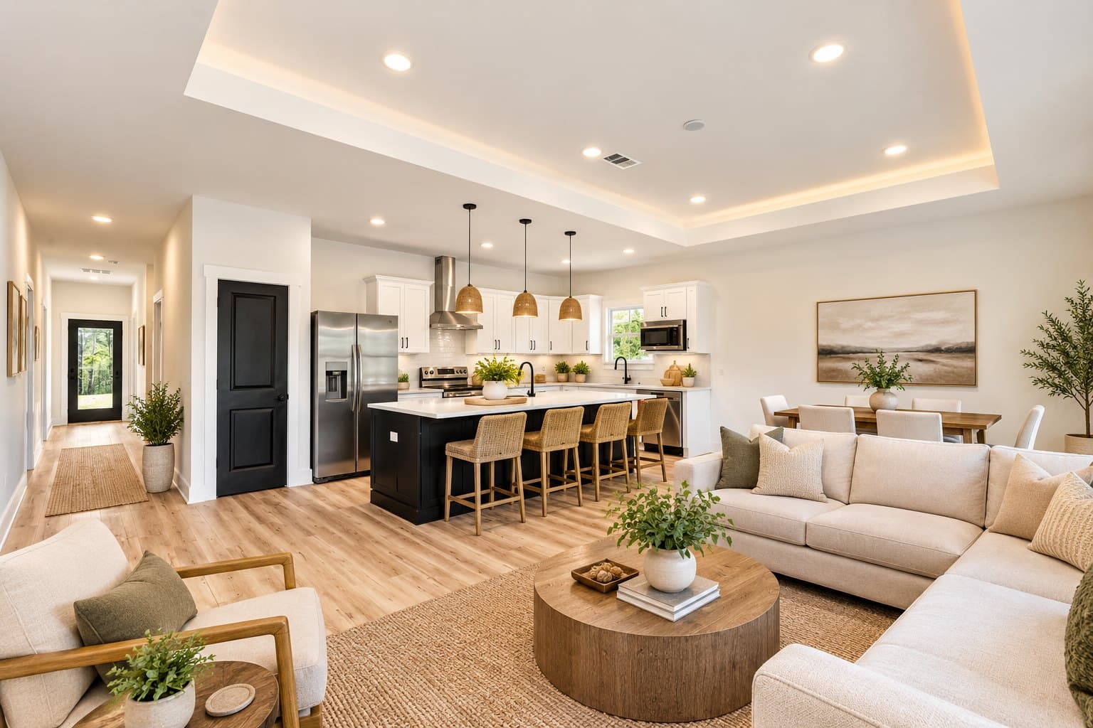 The Del Monte great room and kitchen, white cabinets and a black island under three woven pendants, with a tray ceiling and a hall to the front door, virtually staged