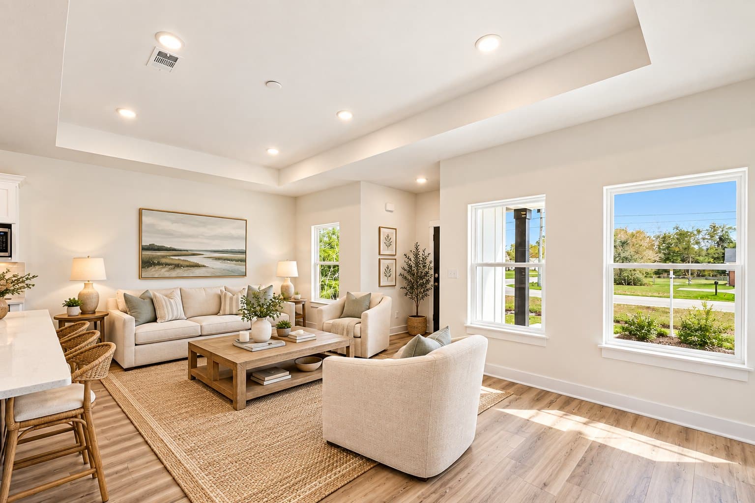 The Del Monte great room under a tray ceiling, with two front windows and luxury vinyl plank floors, virtually staged