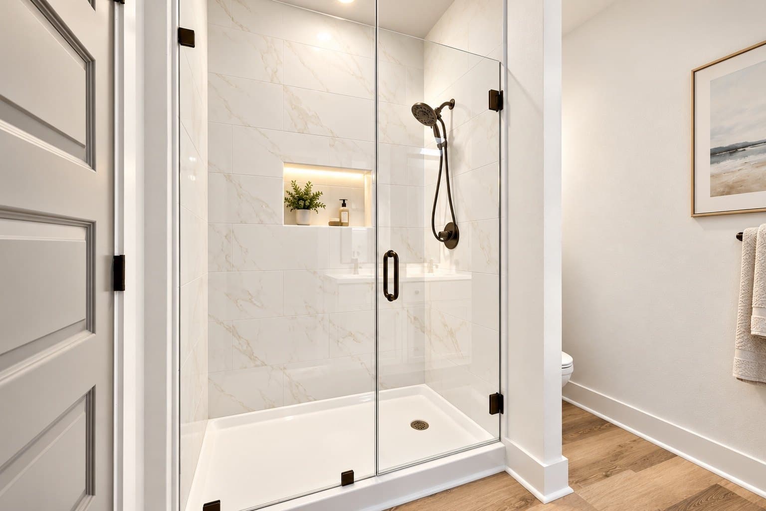 Rendering of a Gadsden bath with a glass walk-in shower and a lit niche