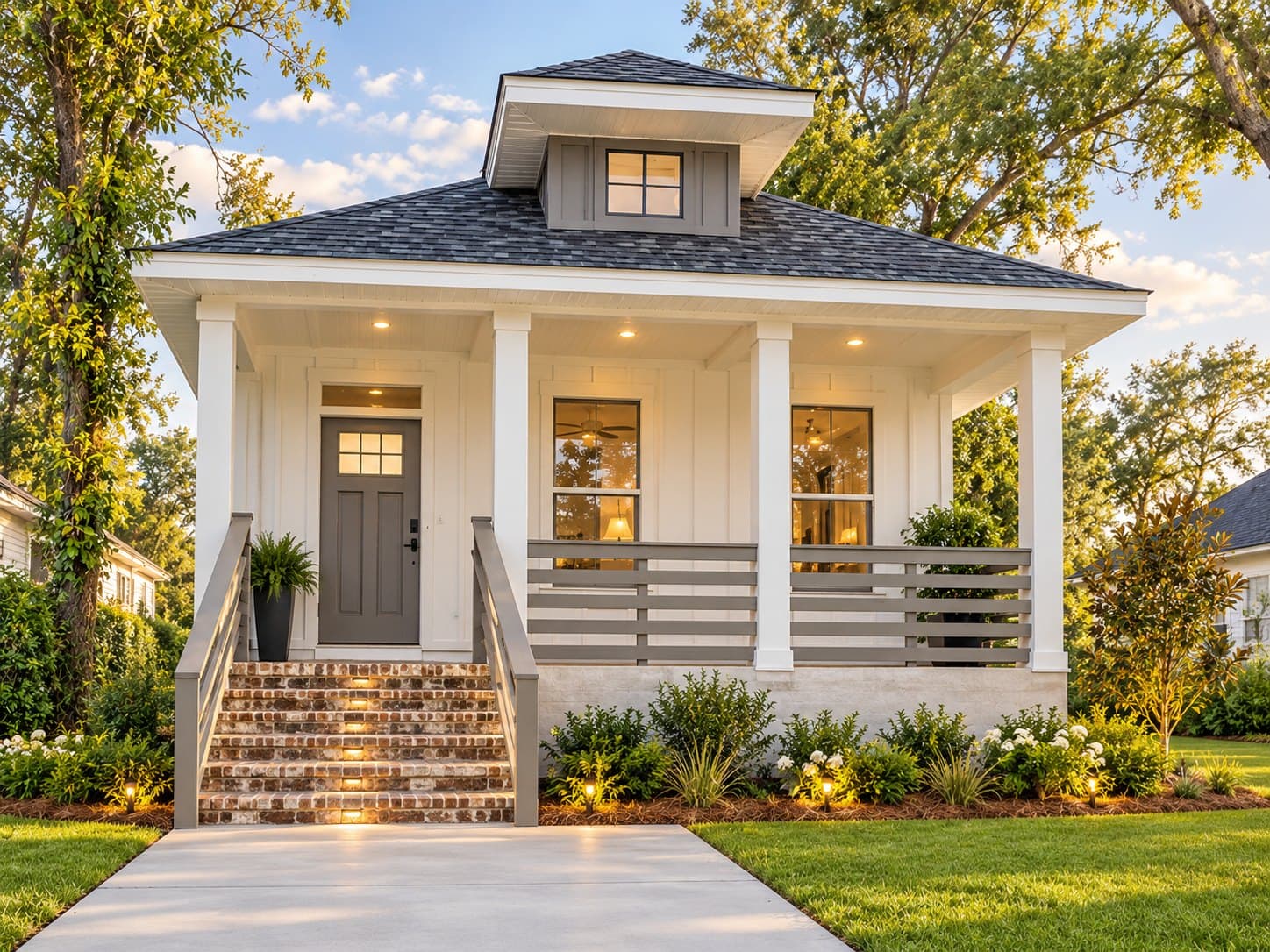 Rendering of the Gadsden, a raised white cottage under a hip roof with a dormer, a full-width front porch and brick steps