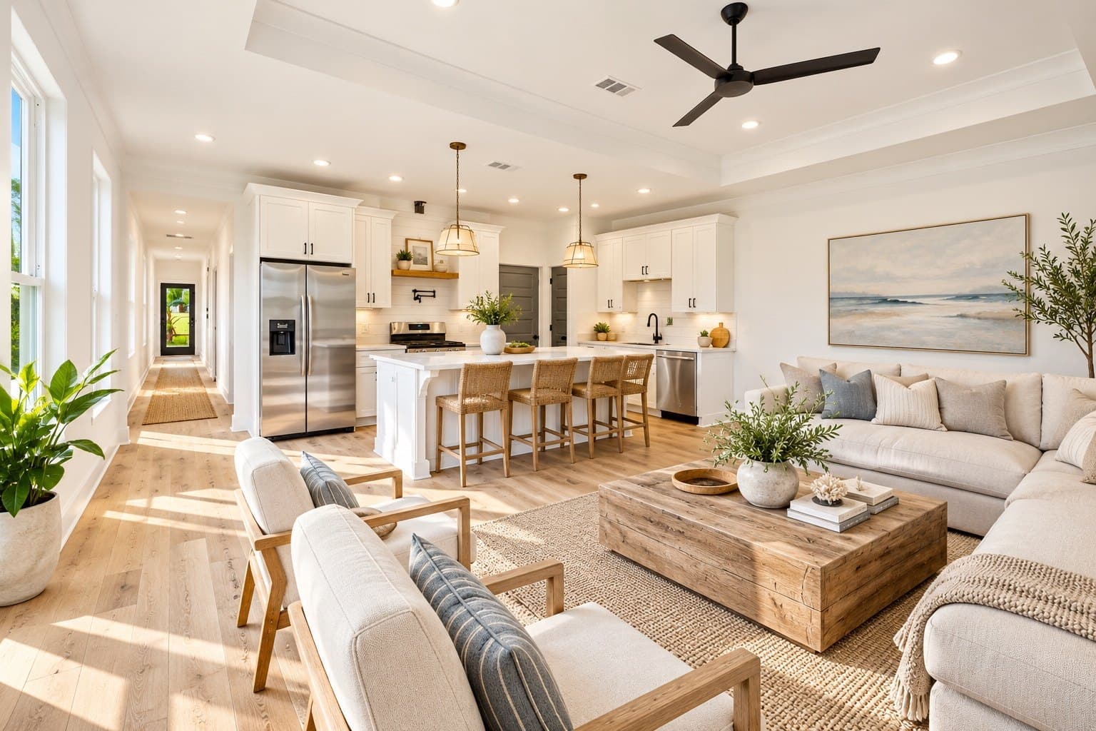 Rendering of the Gadsden living room and kitchen, white cabinets and an island under two pendants, with the hall running to the back of the house