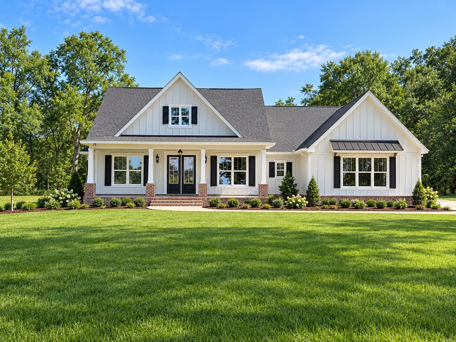 A finished Heritage, white board-and-batten under twin gables with black shutters, brick porch piers and a metal awning over the garage-wing window