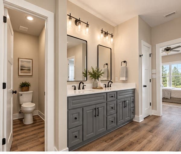 Rendering of The Lunsford primary bath vanity, grey cabinets with black fixtures and two mirrors, artist's concept