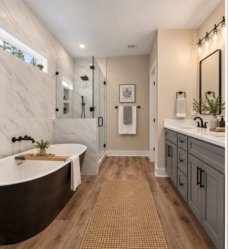 Rendering of The Lunsford primary bath with a freestanding tub, marble-look tile shower and a grey double vanity, artist's concept