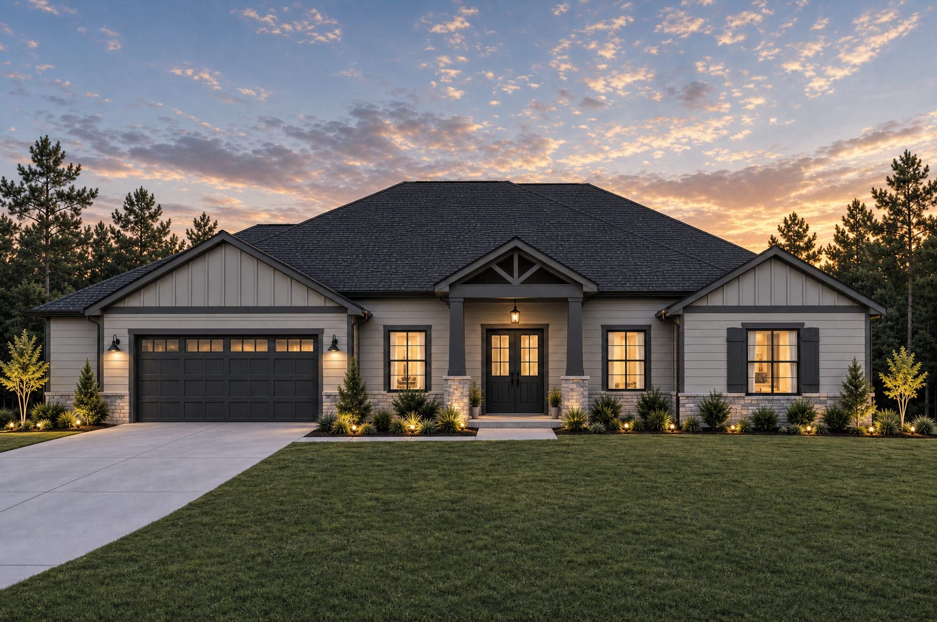 Rendering of 2569 Segrest Rd, a modern coastal home with board-and-batten gables, Repose Gray siding, and a timber gable bracket over the covered entry.