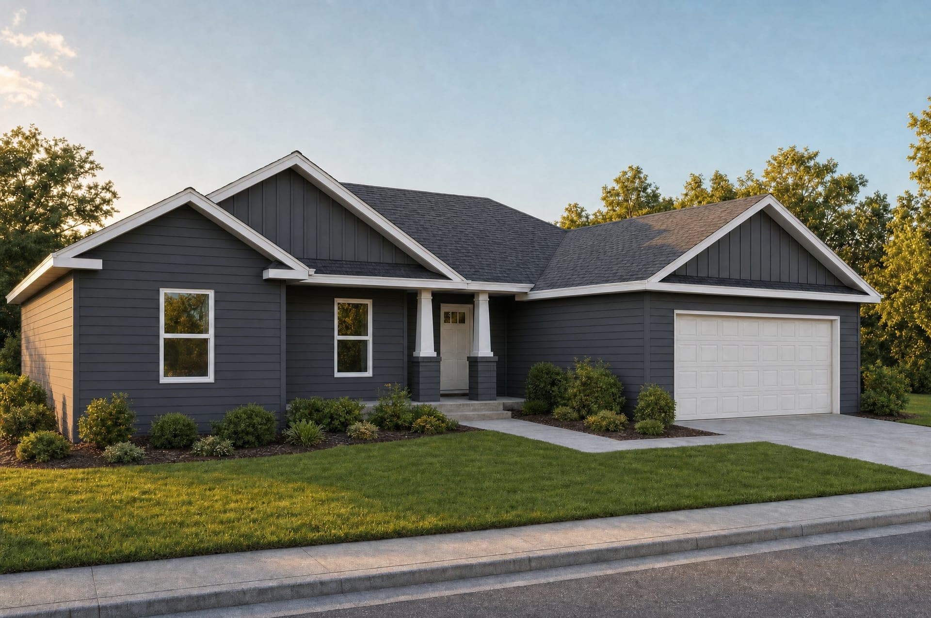 Rendering of the Tucker with charcoal Hardie lap siding in place of brick