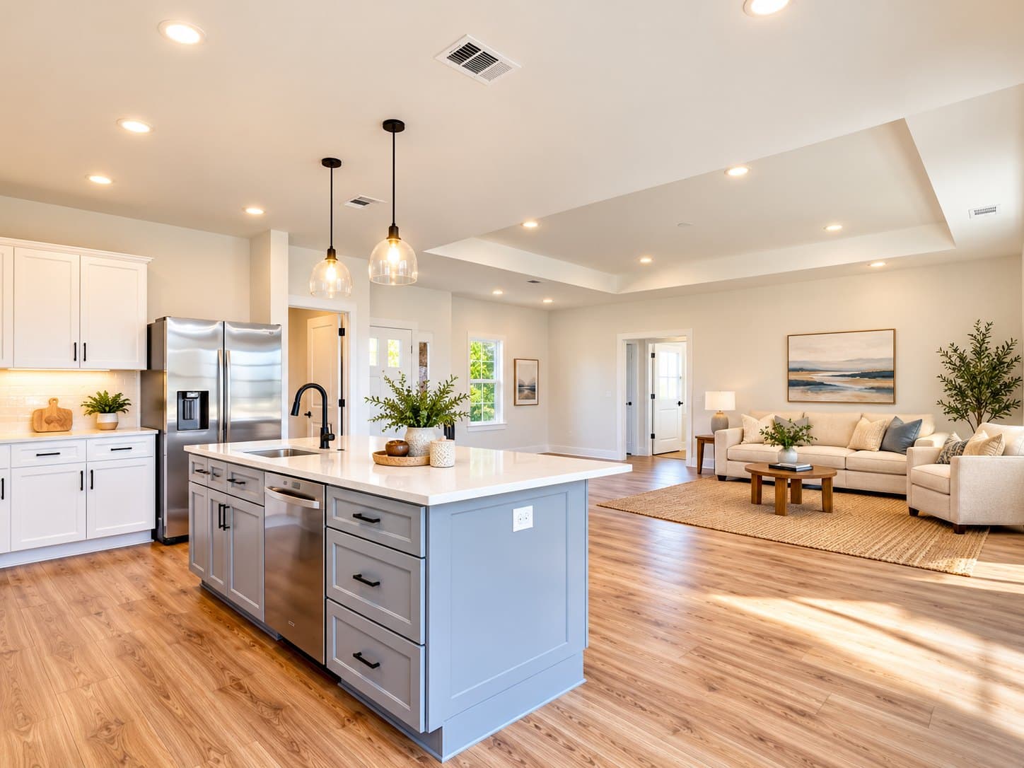 The Tucker great room under a tray ceiling, seen past the kitchen island, virtually staged