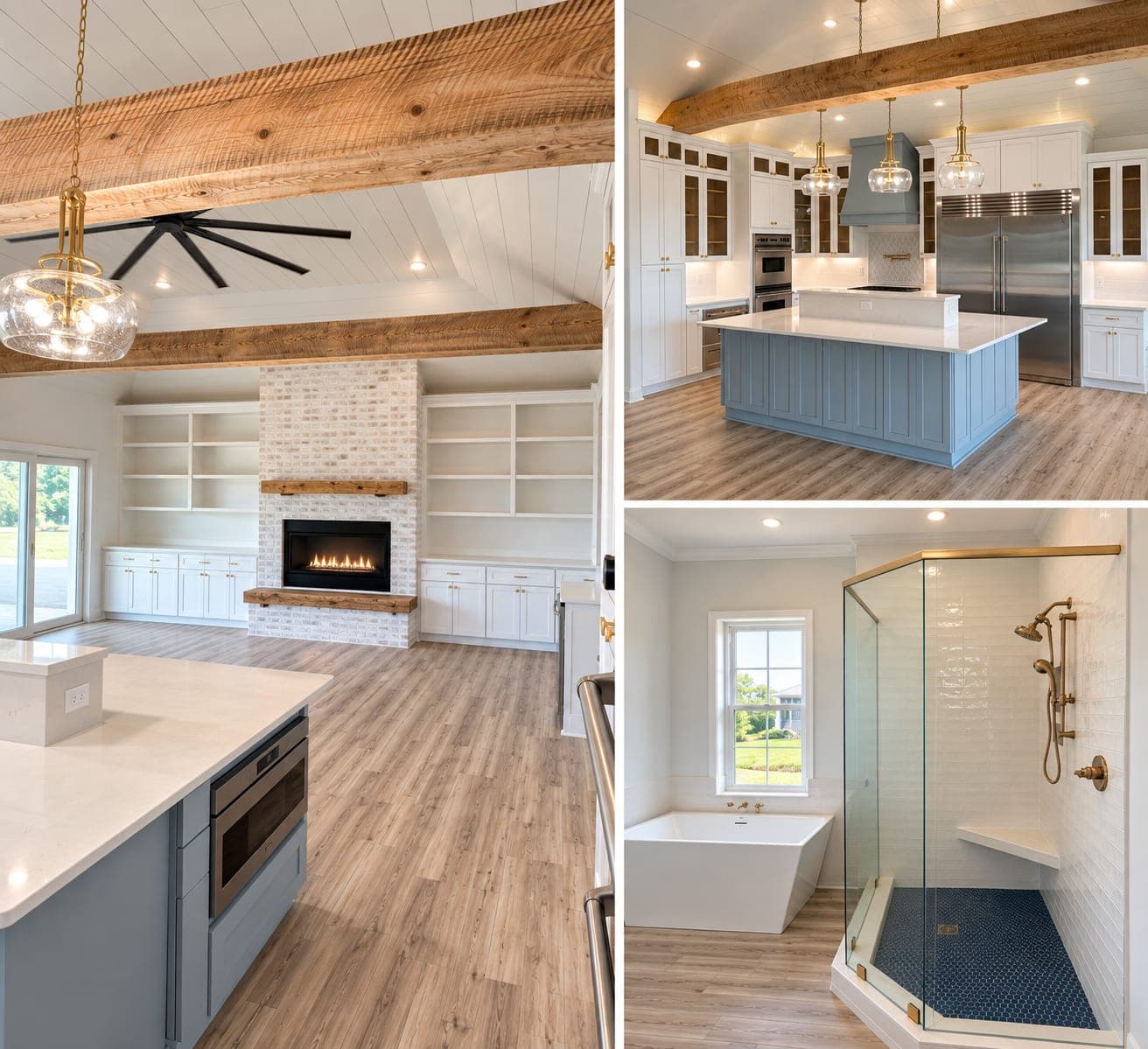 Three views of the Gulf Breeze renovation before staging: the empty living room and fireplace wall, the kitchen island, and the primary shower
