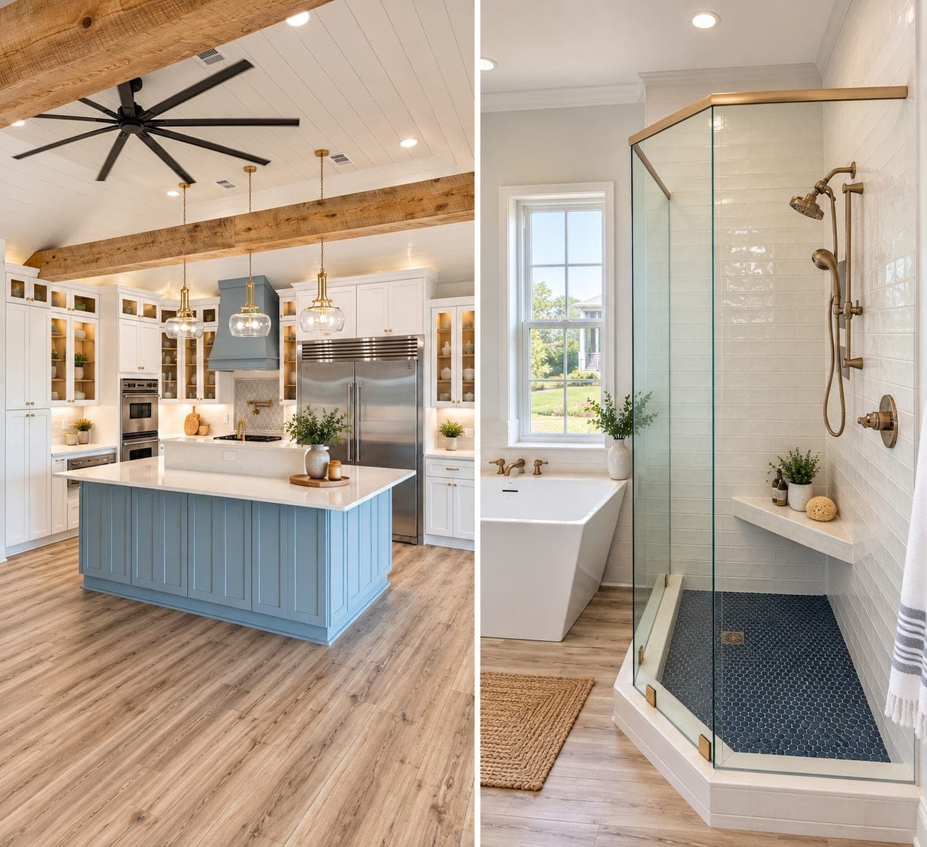Two views of the Gulf Breeze renovation: the kitchen island under a black ceiling fan and exposed beams, and the primary bath with a freestanding tub, glass shower and navy penny-tile floor