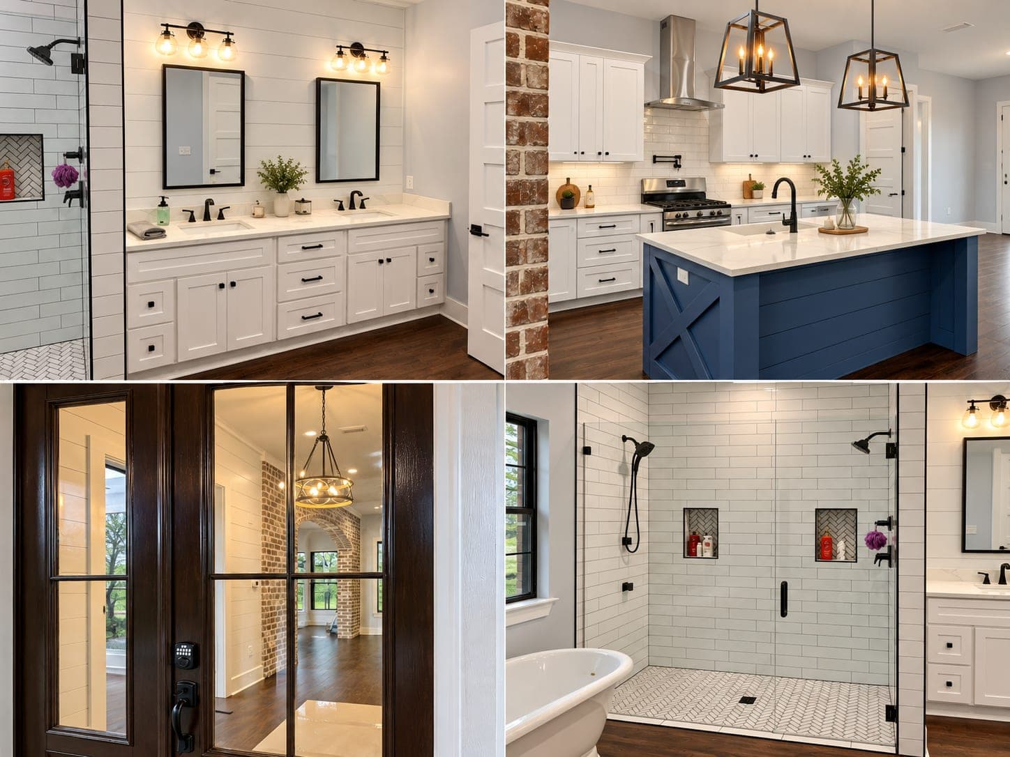 Four views of Scott's own home: the primary double vanity, the navy kitchen island under iron lanterns, the front door and the shower with a freestanding tub