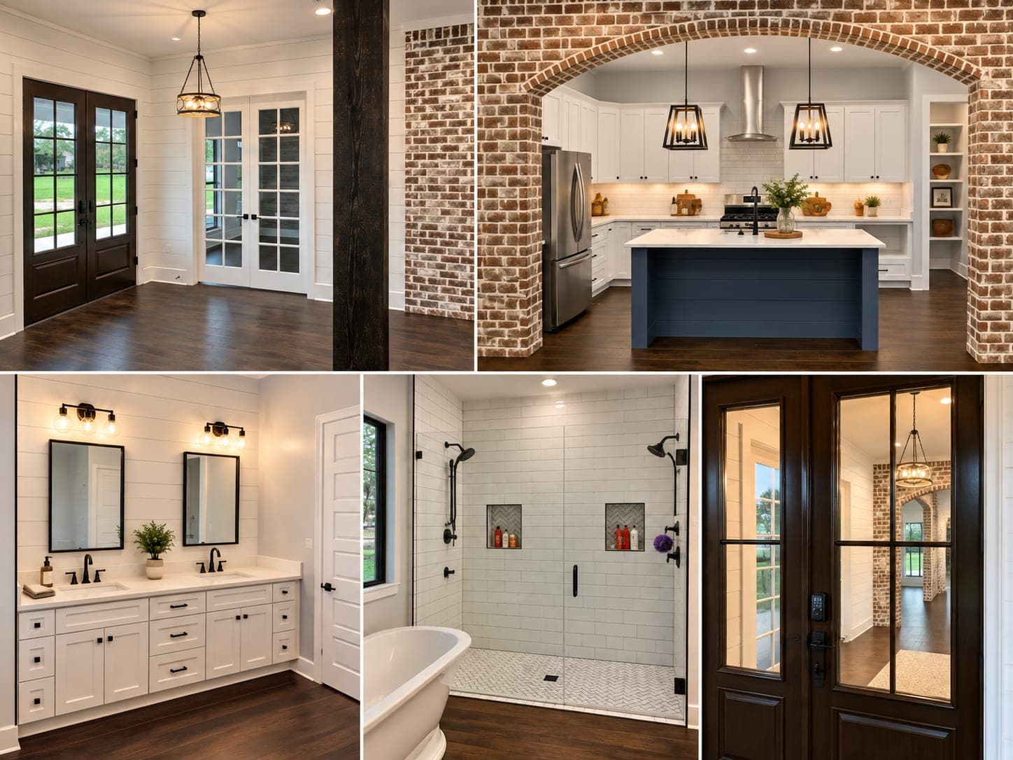 Five views of Scott's own home: the foyer with glass doors, the kitchen under a brick archway with a navy island, a double vanity, the tiled shower and the front door