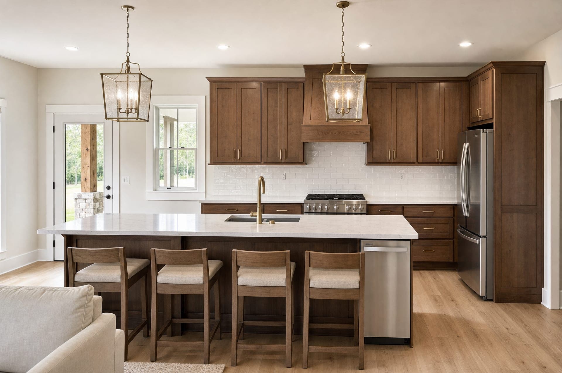 Rendering of the Lunsford kitchen with stained shaker cabinets, a quartz island and champagne bronze fixtures, artist's concept